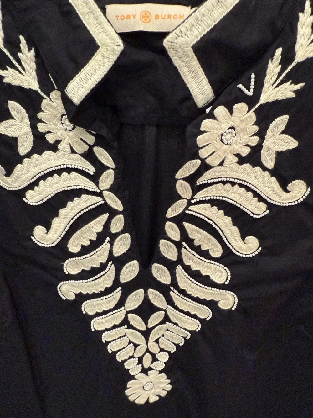 Tory Burch Navy Tunic with White Embroidered V-Front